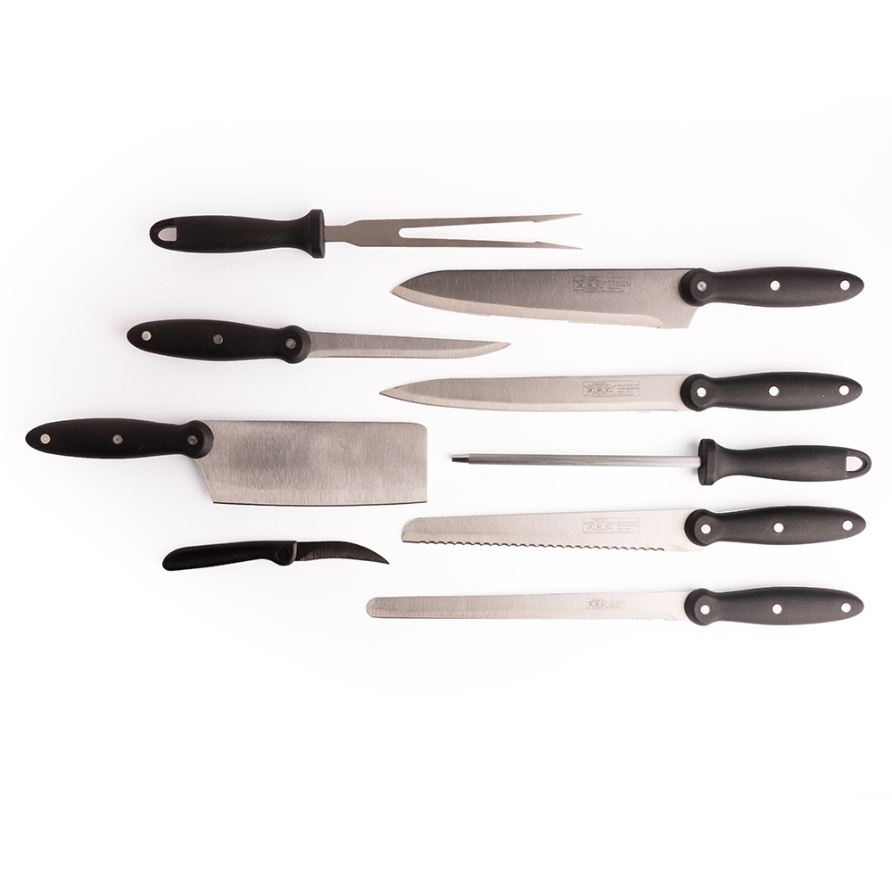Set coltelli da chef e cucina 9 pz acciaio inox monoblocco forma ergonomica.